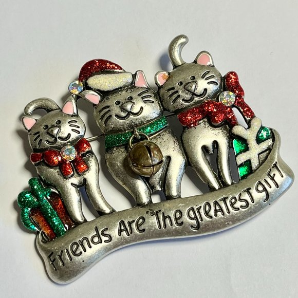 Vintage Cat Christmas Brooch Pin Friends Are The Greatest Gift Santa Hat 3 Cats - Picture 1 of 12